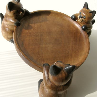 木製ミニテーブルトレーお盆トレイ猫雑貨グッズインテリア雑貨木彫り置物オブジェアジアン雑貨木のトレイ ネコ