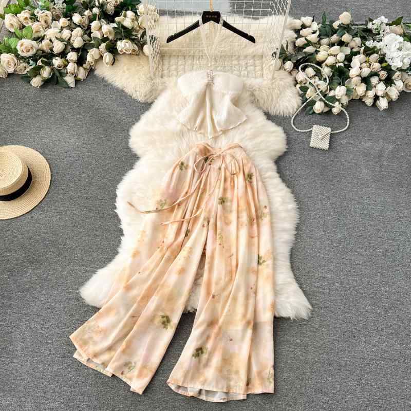 セットアップ レディース 夏 リゾート 旅行 若見え ホルターネック ベアトップ トップス レトロ柄 ワイドパンツ 着回し トレンド シェニール ストレッチ