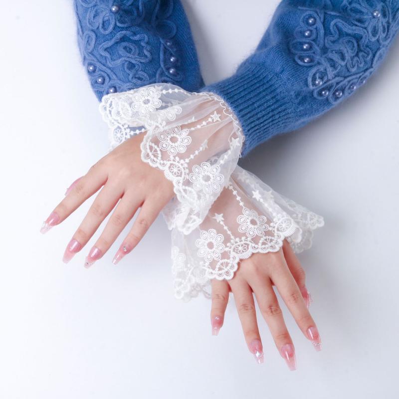 付け袖 レディース エレガント プリーツ チュール レース アームカバー フェイク袖 上品 クラシカル ファッション小物 レイヤード 透け感 コットン ホワイト 秋冬