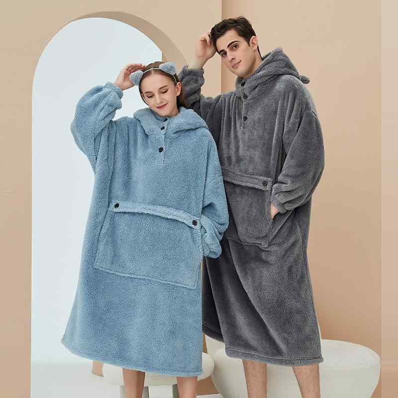 着る毛布 カップル 男女兼用 プルオーバー フード付き フランネル 無地 ゆったり あったか 保温 防寒 部屋着 パジャマ ルームウェア ブランケット 冬