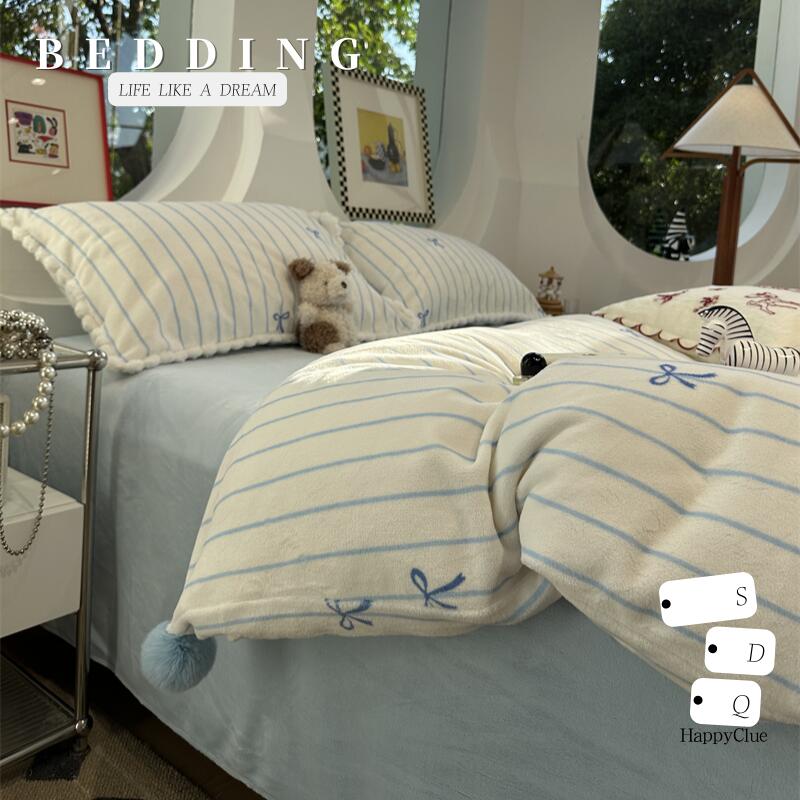 布団カバー あったか 冬 掛け布団カバー ダブル クイーン 4点セット 掛けふとんカバー 柔らか 冬用 暖かい 防寒 厚手 インテリア フランネル シングル 3点セット かわいい ストライプ ins風 寝室コーディネート ベッド用寝具カバー 肌に優しい フラットシーツ ボックスシーツ