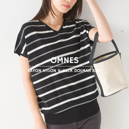 【OMNES】<strong>レーヨン</strong>ナイロン Vネックドルマンニット 接触冷感 レディース フリーサイズ 半袖 ボーダー カジュアル サマーニット HAPTIC ハプティック