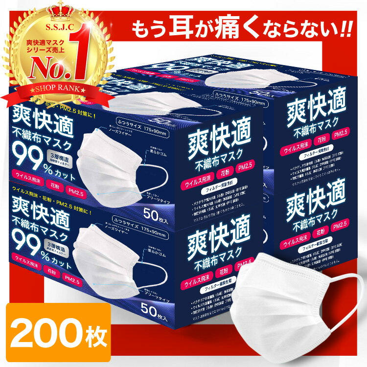 【ただいま注文殺到中!!】【高品質不織布マスク】 マスク 200枚 50枚×4箱 耳が痛くならない 日本 国内発送 耳 白 大人用 ホワイト 在庫あり 普通サイズ 三層構造 不織布マスク 飛沫 男女兼用 通気超快適 爽快適 送料無料 bottleset