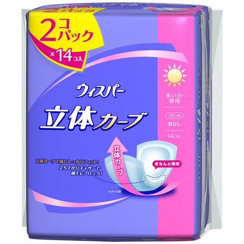 ☆期間特売☆【P＆G　ウィスパー】　ウィスパーカーブ　パウダリーフィール　多い日の昼用　羽なし　14個入×2個セット