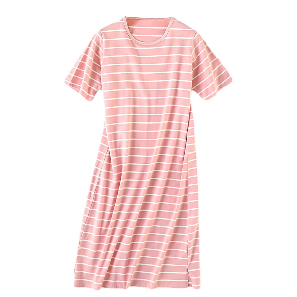 【送料無料】[Karly　Shop] パジャマ ルームウェア ワンピース レディース 綿 半袖 ボーダー 部屋着 膝下 透けない シンプル おしゃれ 体型カバー rr2 M pink 色：ピンク、サイズ：M