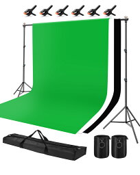 Hemmotop 写真撮影用 背景スタンド 200x300cm 布 黒 白 緑 + サンドバッグ 二つ + 強力クリップ 6個 付き スタジオ撮影機材 バックグラウンドサポート 背景布/背景紙に適用 組み立ては簡単 高強度 安定性がよい