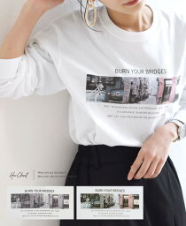 フォトプリント ロゴロンT トップス カットソー Tシャツ 長袖tシャツ ロゴT フォトT レディース 春 秋 クルーネック 丸首 ロング丈 長袖 ゆったり 大きめ 写真プリント オーバーサイズ モノトーン モノクロ おしゃれ シンプル 大人カジュアル 綿100