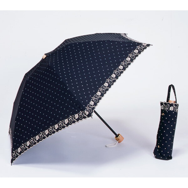 【送料無料 日傘 UVカット率98%】晴雨兼用収納バッグ付き折り畳み傘　水玉/バラ刺繍　50cm
