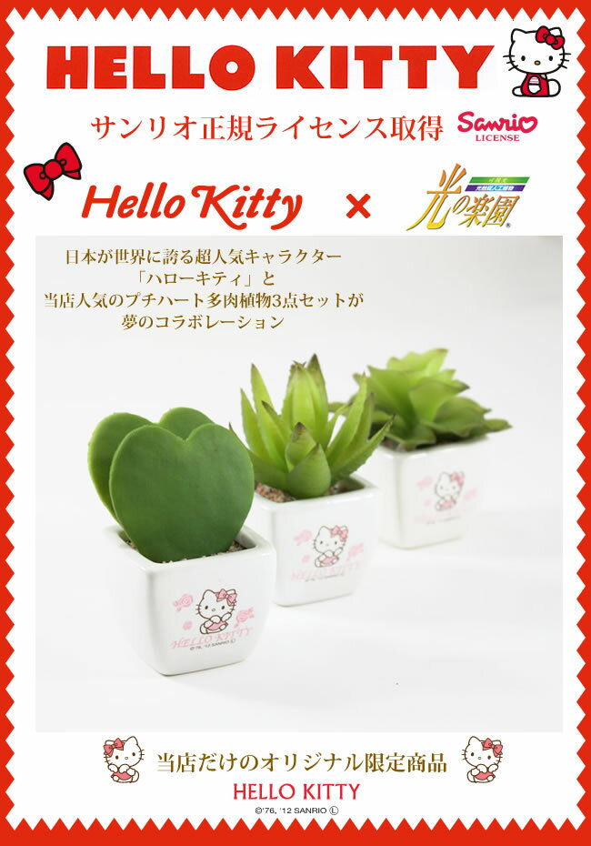 光触媒　光の楽園 ハローキティ+プチハート多肉植物3点セット 【Hello Kitty インテリア　ミニグリーン 人工観葉植物 ハートホヤ 造花】