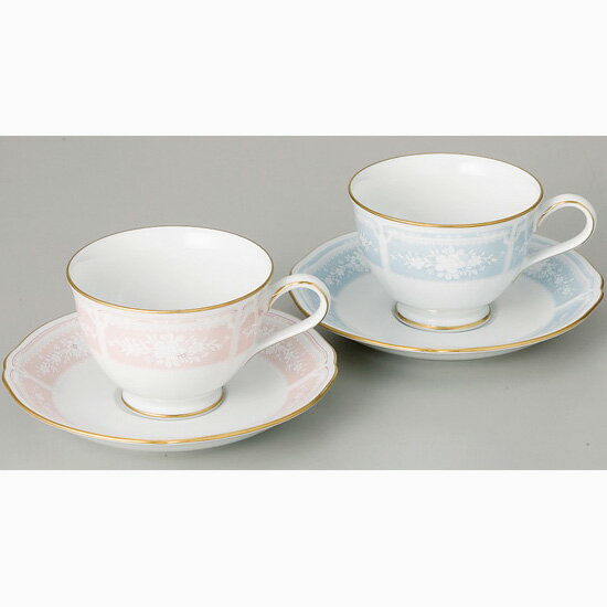 Noritake　（ノリタケ）レースウッドゴールド　コーヒー紅茶碗皿ペア（ピンク ＆ ブルー）　【ギフト　出産内祝　結婚内祝　引出物】