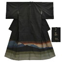 米沢紬 中古 リサイクル 正絹 特選 よねざわ新田 真綿手引紬 夕暮れ 躾付 黒色 刺繍一つ紋片喰紋入り グラデーション 裄63 Mサイズ よねざわつむぎ hh2374【リサイクル着物】【中古】【着物ひととき】