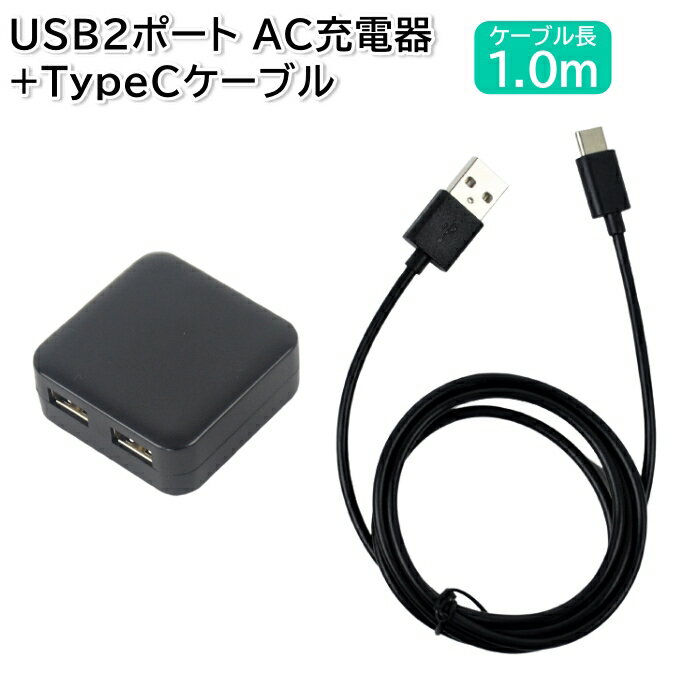 TypeCケーブル 1m+USB 2ポート ACアダプタ 2.4A コンセント コンパクト 軽量 ブラック [ タイプC 充電ケーブル HT-IC USBポート 2個口 充電器 スマホ タブレット ]【メール便送料無料】