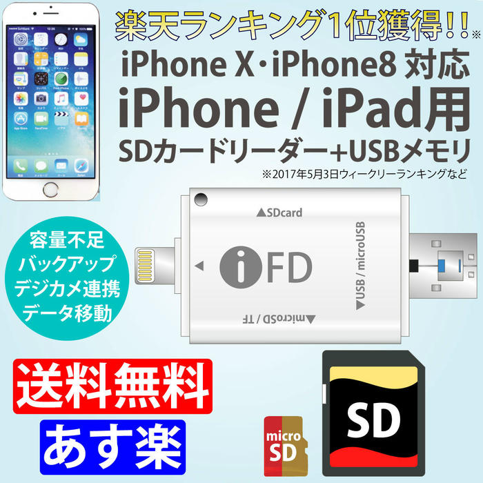 i-FlashDevice iPhone / iPad 用 SDカードリーダー ライトニング 【 送料無料　】micro USB/USB3.0 Micro SD / TF / SD マルチ カードリーダー SDカード メモリーカード コンパクトフラッシュ メモリースティック カードリーダー For iOS & Android OTG&PC