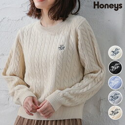 トップス <strong>ニット</strong> レディース ケーブル編み スクール 秋 冬 白 黒 クルーネック Honeys <strong>ハニーズ</strong> 刺繍入り<strong>ニット</strong>