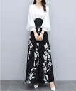 優雅 セットアップ エレガント 涼しい パンツドレス ガウチョパンツ ワイドパンツ ロングパンツ レディース 七分袖シフォンシャツ+パンツスーツ 大きいサイズブラウス スーツ セット オフィス OL 通勤 着痩せ 花柄S/M/L/XL/2XL オールインワン/大人気