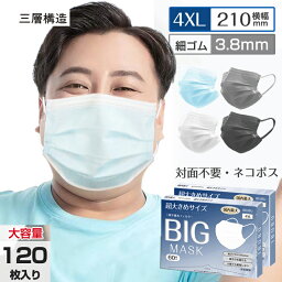 【国内最大サイズ】超大きいサイズ 不織布マスク 大きめ マスク マスク 大きめ マスク 大きいサイズ 使い捨てマスク 210mm*95mm 3.8mm平ゴム 4X<strong>Lサイズマスク</strong> 120枚入 3層構造 カラーマスク 99%cut white black gray blue 薄め素材【両面同色】