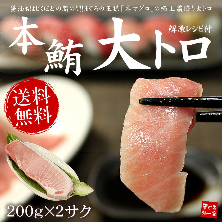 【送料無料】極上本マグロ霜降り大トロ400g（200g×2サク）！醤油もはじくほどの脂のり♪解凍レシピ付【お歳暮、内祝、ギフト】【まぐろ、鮪】【2P13oct13_b】【RCP】【あす楽対応】[[本鮪大トロ-2p]