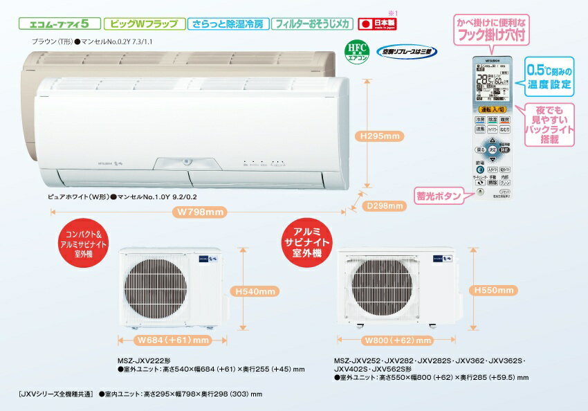 三菱電機　ルームエアコン（霧ヶ峰）【MSZ-JXV222 -W】ホワイト　2012年モデル　JXVシリーズ・6畳・単相100V