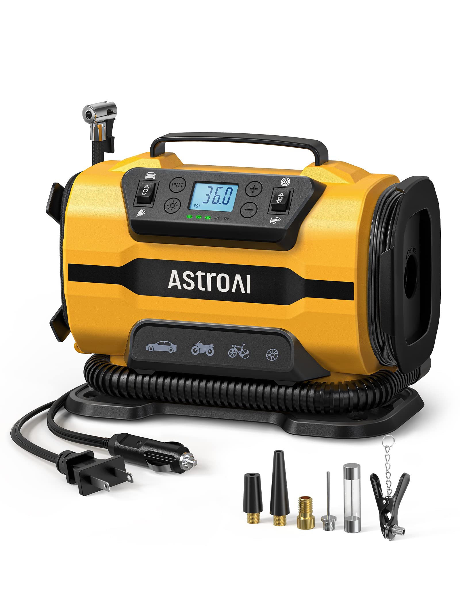 <strong>AstroAI</strong> エアーコンプレッサー 電動空気入れ 5 in 1 タイヤ・プール 自動車用 AC/DC給電 150 PSI 自動電源オフ メモリ機能 LEDライト五種類変換ノズル 仏式/米式/英式 全バルブ対応 バイク 自転車 エアマットレス 浮き輪 ボール パドリングプール 空気入れ