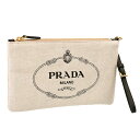 【目玉商品タイムセール】プラダ/PRADAロゴデザイン・リストレット付きキャンバスポーチ・トラベルポーチ・クラッチバッグ(ナチュラル×ブラック)1NH018 MISTOLINO(ZPX)NATURALE+NERO