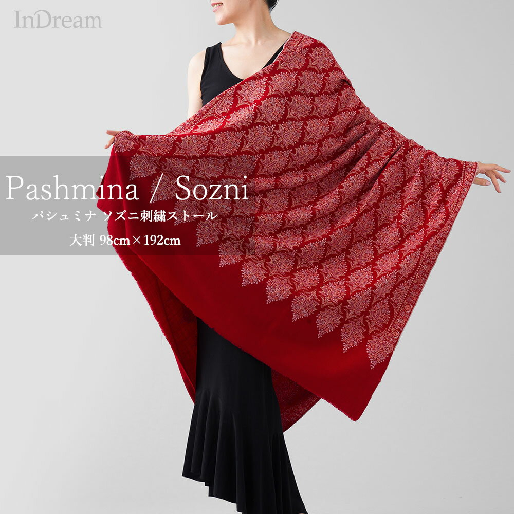 InDream パシュミナ 刺繍 ショール ［100cmx200cm］ 赤(レッド)02 ストール 大判 カシミヤ 100% 春 秋 冬 誕生日 プレゼント 母の日 ギフト 50代 60代 70代 80代 おしゃれ ひざ掛け 結婚式 パーティー