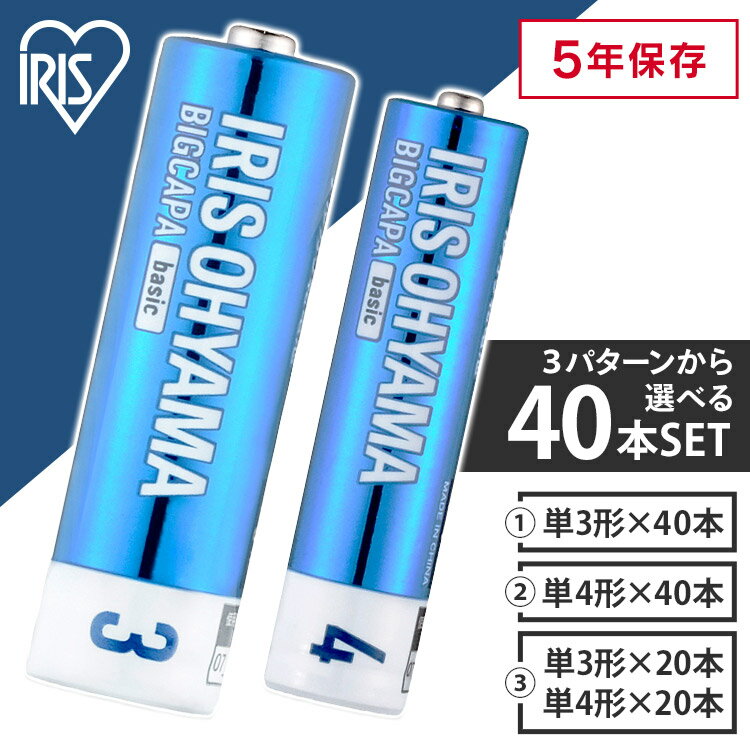 【1,000円ポッキリ】 乾電池 単3 単三 単4 単四 電池 送料無料 BIGCAPA basic 単3×<strong>40本</strong>or単4×<strong>40本</strong>or単3×20本＋単4×20本 5年保存 アルカリ 電池 乾電池 電池 【メール便】【代金引換不可・日時指定不可】