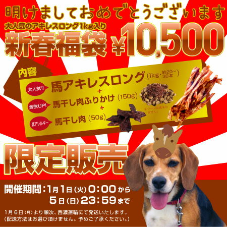 ＜馬年・馬福袋＞「馬アキレスロング1kg」に「馬干し肉ふりかけ」「馬干し肉」がついてくる！3種☆＜ガジガジ系おやつ＞＜アレルギー対応＞などのお得パック☆ワンちゃんへのお年玉に・新年のご挨拶用に