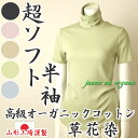 【超ソフト】タートルネック 半袖 草花染高級オーガニックコットン100% レディース用(ハイネック/日本製/インナー/綿/タートルネック綿100/黒/ブラック/カットソー/ボタニカルダイ/敏感肌/アトピー/ニット/生地/メール便)
