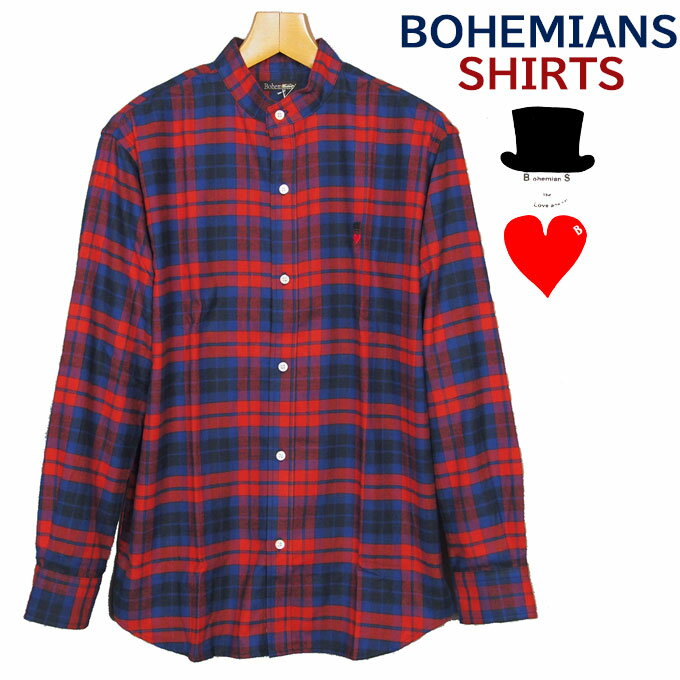 <strong>Bohemians</strong> (ボヘミアンズ)　スタンドカラーシャツ　ルーズフィット　タータンチェックシャツ　柔らかな　フランネル素材　綿100％　ラブハット刺繍　日本製シンプルで着やすいシルエット送料無料