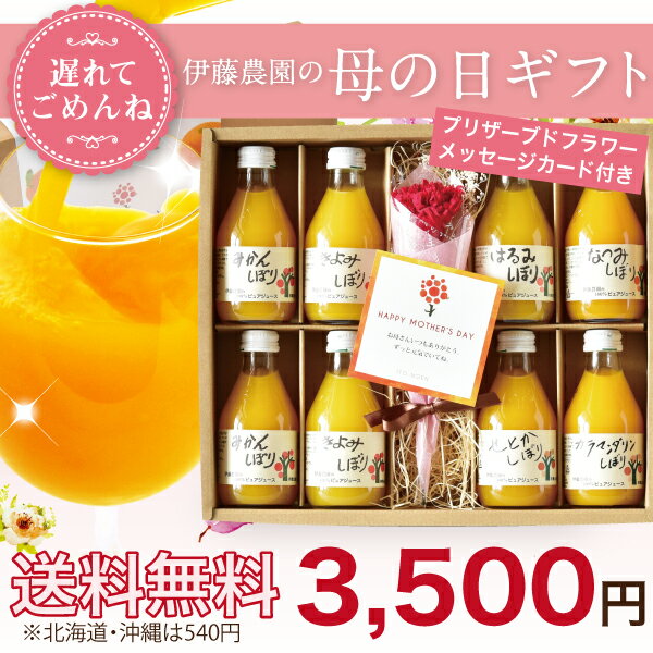 お中元 母の日ギフト プレゼント ランキング入賞 伊藤農園100％ピュアジュース 180ml×8本 花セット 送料無料 ※北海道・沖縄540円 有田みかん・国産 和歌山産柑橘・無添加・ストレート 内祝い・贈り物・詰め合わせ