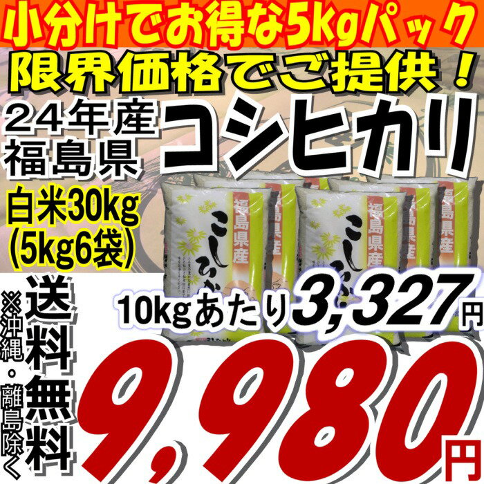 24年福島県産コシヒカリ白米30kg(5kg×6)(沖縄・全ての離島へお届け不可)24年産出荷スタートです★