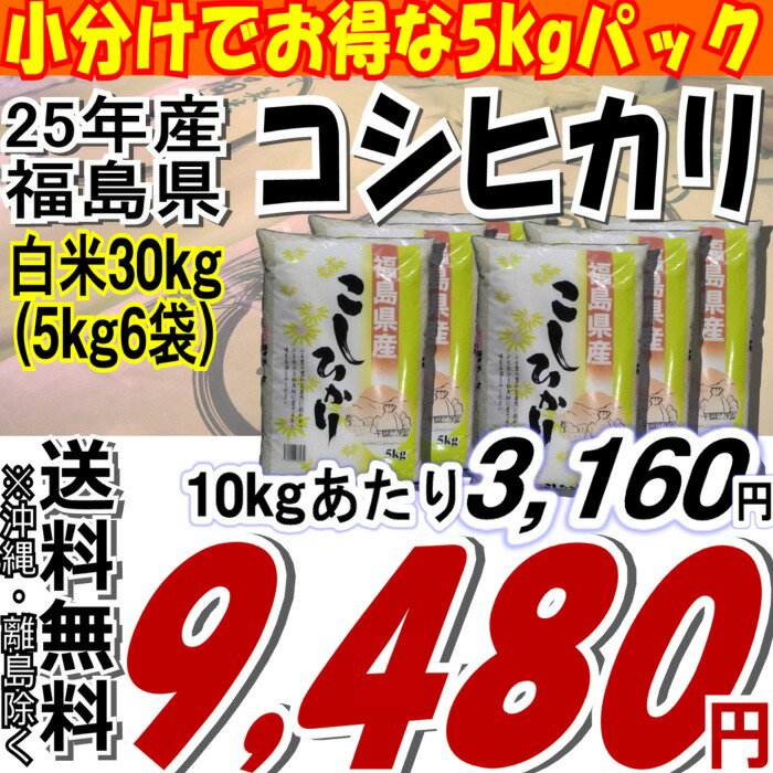 ≪エントリーでポイント5倍　10月9日迄≫☆期間限定セール☆25年福島県産コシヒカリ白米30kg(5kg×6)(沖縄・全ての離島へお届け不可)25年 新米 販売開始です★