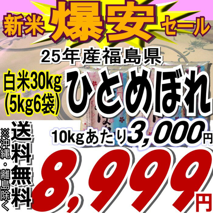 《爆安セール開催中　※10/21　09：59までの大特価》福島県産ひとめぼれ白米30kg(5kgX6袋）※送料無料/沖縄・離島を除く25年 新米 販売開始です！！