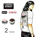 CROWS×WORST(クローズ×ワースト) SKULL WORKS×E.M.O.D 刺繍&プリント カスタム 半袖 Tシャツ メンズ Evil Moth of Dead 頭 前川宗春 モデル Tシャツ ドクロ 蛾 スカル アメカジ バイカー バイク 漫画 マンガ コラボ スカルワークス 白 黒 【SWT-06】