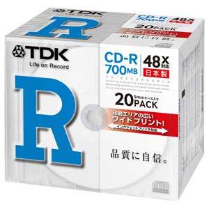 CD-R80PWDX20B【税込】 TDK データ用700MB 48倍速対応CD-R 20枚パック ホワイトプリンタブル [CDR80PWDX20B]【返品種別A】