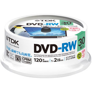 DRW120DPWA30PU【税込】 TDK 2倍速対応DVD-RW 30枚パック 4.7GB ホワイトプリンタブル [DRW120DPWA30PU]【返品種別A】【Joshin webはネット通販1位(アフターサービスランキング)/日経ビジネス誌2012】