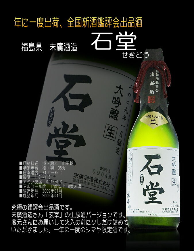 福島県 末廣酒造石堂(せきどう)全国新酒鑑評会出品酒　大吟醸生原酒 720ml 要冷蔵【瓶詰2010年以降】