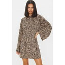 REALCAT ヒョウ柄 レオパード スリーブ ドレス ベージュ 【 SLEEVE REALCAT PRETTYLITTLETHING LEOPARD PRINT RIB ROLL NECK FLARE JUMPER DRESS BEIGE 】 レディースファッション ドレス