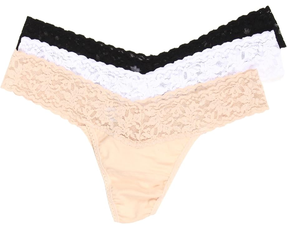 ハンキーパンキー ライズ 3個入 黒色 ブラック 白色 ホワイト レディース 【 HANKY PANKY ORGANIC COTTON LOW RISE THONG W/ LACE 3-PACK / BLACK WHITE CHAI 】 インナー 下着 ナイトウエア