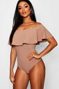 BOOHOO NIGHT ナイト クレープ ボディースーツ キャメル 【 CAMEL BOOHOO NIGHT CREPE FRILL BARDOT BODYSUIT 】 インナー 下着 ナイトウエア レディース