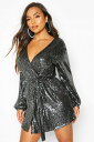 ブーフー BOOHOO 【小さめ】 スリーブ ドレス 黒色 ブラック 【 SLEEVE BOOHOO PETITE BELTED BALLOON SEQUIN DRESS BLACK 】 レディースファッション ドレス
