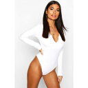 ブーフー BOOHOO 【小さめ】 ジャンボ スリーブ ボディースーツ 白色 ホワイト 長袖 【 SLEEVE BOOHOO PETITE JUMBO RIB NOTCH DETAIL BODYSUIT WHITE 】 インナー 下着 ナイトウエア レディース