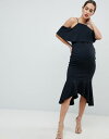 エイソス エイソスマタニティ ASOS MATERNITY マタニティ デザイン ラッフル コールド ショルダー アシンメトリック ミディ ドレス ワンピース 黒 ブラック レディース 女性用 キッズ ママ 【 BLA