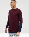アンドカンパニー エイソス AND CO ASOS デザイン トール トレーナー ヘム エクステンダー コントラスト スリーブ イン ワイン色 バーガンディー メンズ 男性用 メンズファッション 【 DESIGN TALL