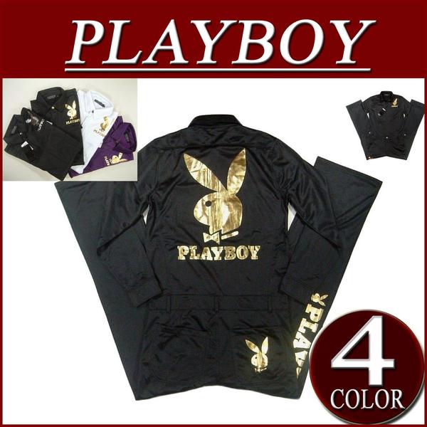 【4色4サイズ】 nu212 新品 PLAYBOY 箔プリント ジャージ つなぎ メンズ オールインワン プレイボーイ ツナギ 上下セット セットアップ PLAY BOY