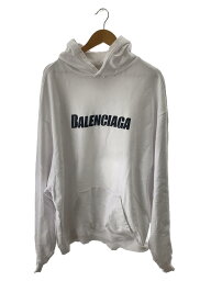 【中古】BALENCIAGA◆22AW/Destroyed Logo-Print Hoodie/ダメージ<strong>パーカー</strong>/M/コットン/白【メンズウェア】