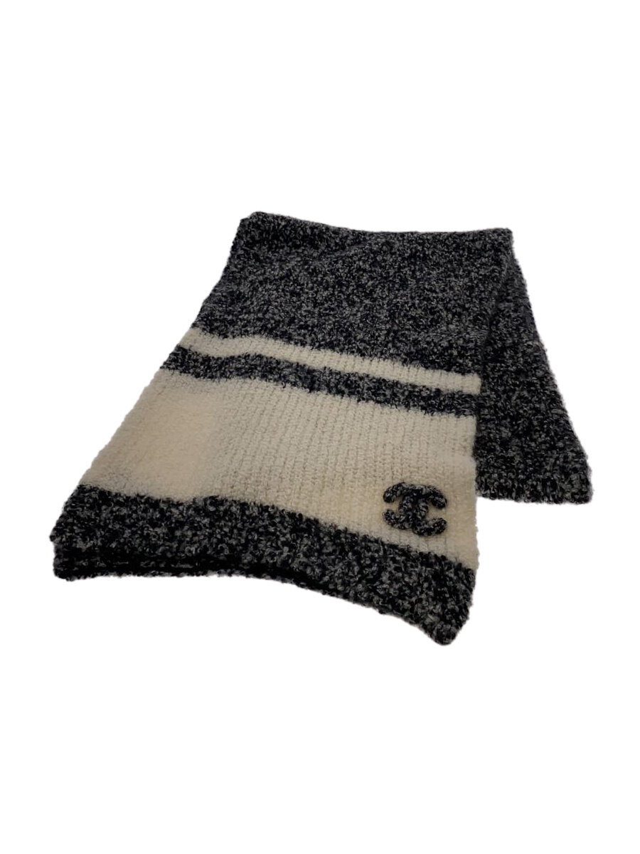 【中古】CHANEL◆ココマーク/シルク混/マフラー/カシミア/GRY/無地/レディース【服飾雑貨他】
