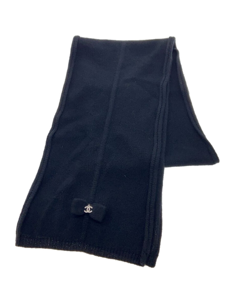 【中古】CHANEL◆リボン/ココマーク/マフラー/カシミア/BLK/レディース【服飾雑貨他】