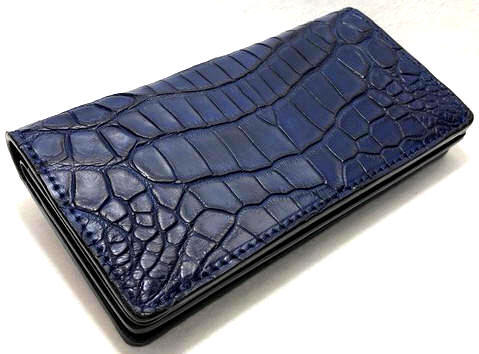 限定生産 本藍染め 【DOLCE VITA ドルチェヴィータ】 高級 ポロサス クロコダイル 入江ワニ 皮革製 ロング ウォレット (インディゴブルー) 紺 黒 イタリアンレザー サドルレザー ブッテーロ ライダースウォレット 長財布 バイカーズウォレット スモールクロコダイル FUNNY