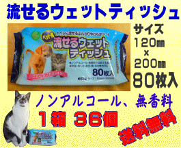 DN　ペット用水に流せる　ウェットティッシュ80枚×36個入（国産）1ケース※送料無料※  05P23Jul12【2sp_120720_a】